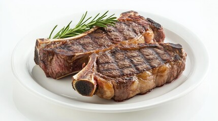 Isolated plate of grilled beef steak with bone on a white background. The steak's rich color contrasts against the clean, minimal backdrop. -