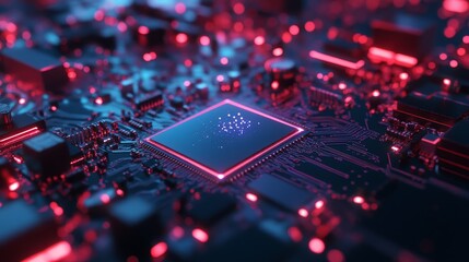 Fototapeta premium Close-Up of a Tiny Speck of Dust on a Microchip Surface, Showcasing the Intricacies of Semiconductor Technology and the Importance of Cleanroom Conditions in Microelectronics