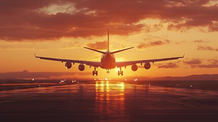 jet plane flying take off from runway on sunset -