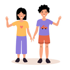Fototapeta premium Two cheerful children waving joyfully in a colorful illustration of friendship and play