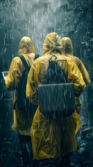Fototapeta premium Business Professionals in Raincoats with Laptops Rainy Business Travel Concept Photo Realistic Stock Illustration