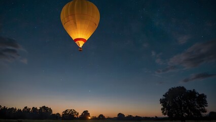 A calm night sky with a hot air balloon flying to the side