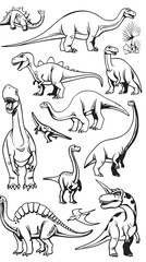 Vector illustration of black and white dinosaur outline drawing set 
