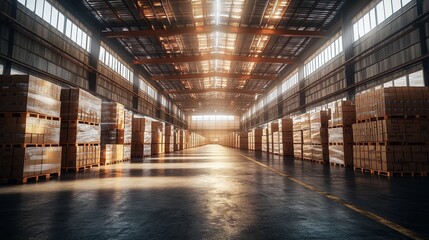 Fototapeta premium Bright and Spacious Warehouse Interior with Stacked Cardboard Packaging Boxes for Food Industry, Showing a Well-Organized Storage Space in High Definition