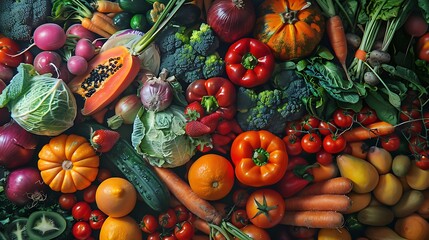 Colorful array of fresh vegetables and fruits in a lively background