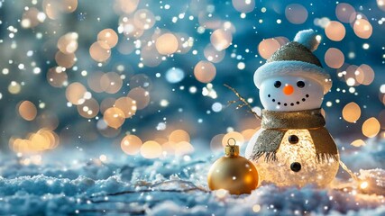 Glowing snowman and christmas ornament standing in snow with twinkling lights