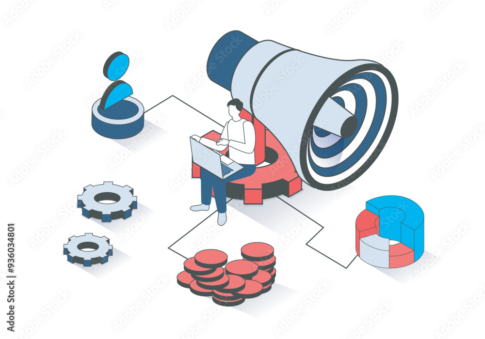 Aufkleber marketing 3d isometric concept with isometry people design for web. man with huge megaphone doing ad
