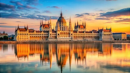 Obraz premium Budapest parliament glowing in the sunset light on the Danube River , Budapest, Hungary, parliament, sunset, evening