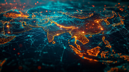Digital map of Asia, concept of global network and connectivity, data transfer and cyber technology, business exchange, information and telecommunication, Ai