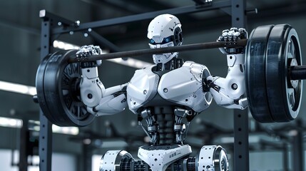 Robot Weightlifter Lifting Barbell: A strong robot weightlifter hoisting a heavy barbell overhead with ease.

