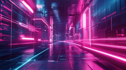 Light Trial effect way with dark neon building technology background. Cyberpunk concept. 3D Illustration rendering.