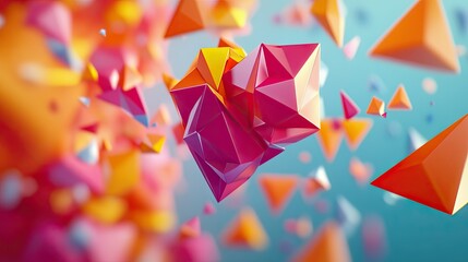 Lively 3D composition featuring vibrant, energetic polygonal shapes in motion.