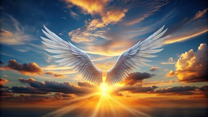 Abstract view of angel wings flying in the sky in front of majestic sunset, symbolizing religion and salvation concepts, angel