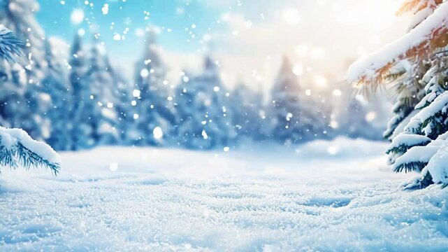 winter landscape with snow covered pine branches framing a snowy forest landscape with trees