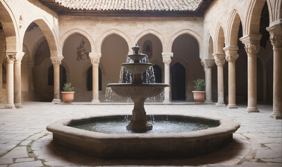 Obraz premium A fountain sits in the center of a stone courtyard with arched walkways