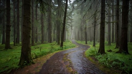 Obraz premium Small path on a rainy day leading to a forest