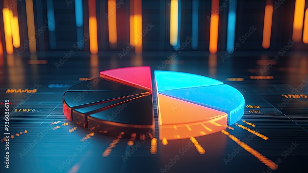 Poster luminous 3d financial pie chart with glowing segments, presenting data visually.