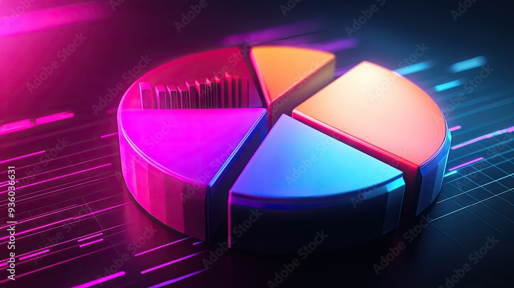 Poster luminous 3d financial pie chart with glowing segments, presenting data visually.