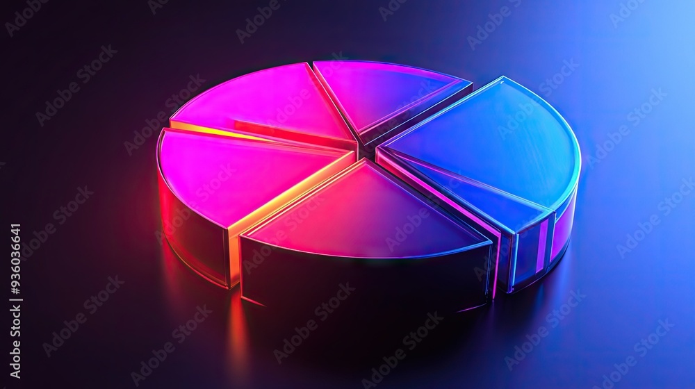 Poster luminous 3d financial pie chart with glowing segments, presenting data visually.