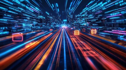 A 5G technology and connectivity infrastructure concept showcasing the speed and efficiency of the next-generation network, with visual representations of data streams and connected devices,