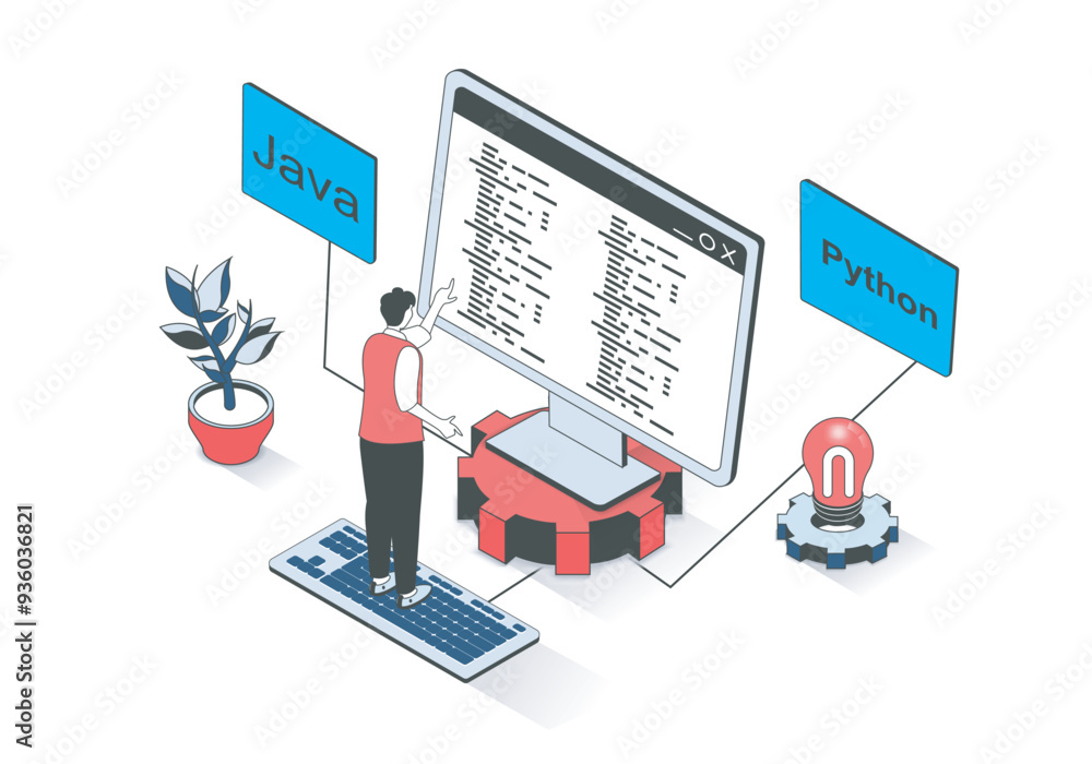 Fototapete Programming 3d isometric concept with isometry people design for web. Man coding on computer screen and engineering software products, working with online processing services. Vector illustration.
