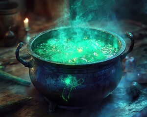 Cauldron bubbling with a green, glowing potion, surrounded by spooky ingredients, Mysterious, Cool Tones, Detailed