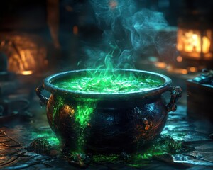 Cauldron bubbling with a green, glowing potion, surrounded by spooky ingredients, Mysterious, Cool Tones, Detailed