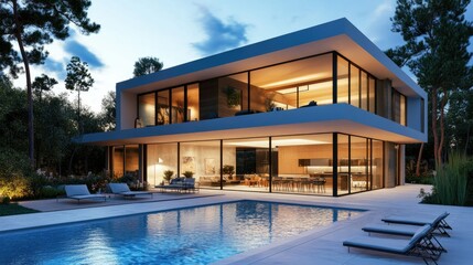 Fototapeta premium Modern architectural 3D rendering of a house with an open-plan layout and pool.