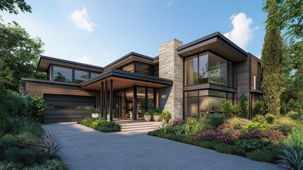 Modern house 3D rendering featuring a cantilevered design and lush landscaping.