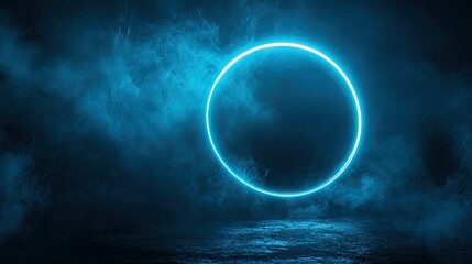 Neon blue color geometric circle on a dark background. Round mystical portal. Mockup for your logo. Futuristic smoke. Mockup for your logo. -