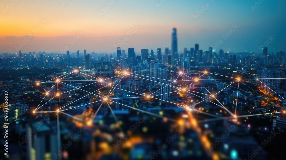Poster network connection line between building over of cityscape background network and connection concept