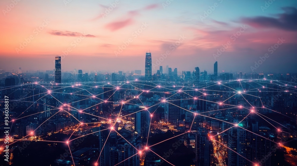 Poster network connection line between building over of cityscape background network and connection concept