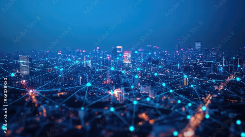 Poster network connection line between building over of cityscape background network and connection concept