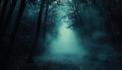 Eerie Halloween night forces drifting through a dark forest, captured in eerie lighting, Spooky, Cool Tones, Atmospheric