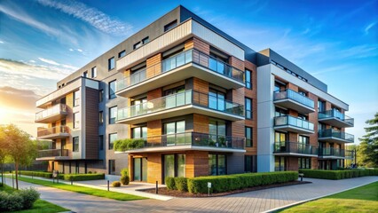 Modern residential apartment complex with sleek flat building exterior , urban, architecture, city, structure, design