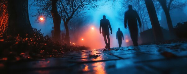 Eerie Halloween night ghostly tours with guests exploring haunted places, encountering ghostly figures, Spooky, Cool Tones, Atmospheric