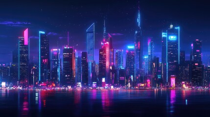 Obraz premium Night city skyline with neon glow. Illustration with architecture, skyscrapers, megapolis, buildings, downtown. -