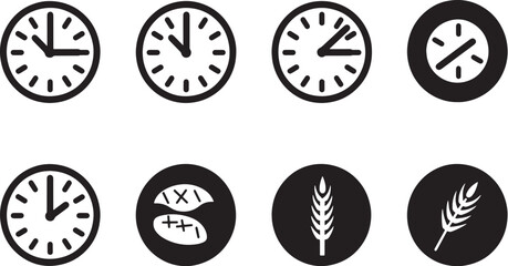 A minimalist vector icon set with a dietary fiber, whole grains, meal timing, and energy balance