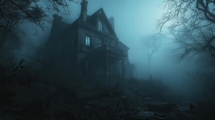 Eerie Halloween night haunted atmospheres in haunted places, captured in eerie lighting, Spooky, Cool Tones, Atmospheric