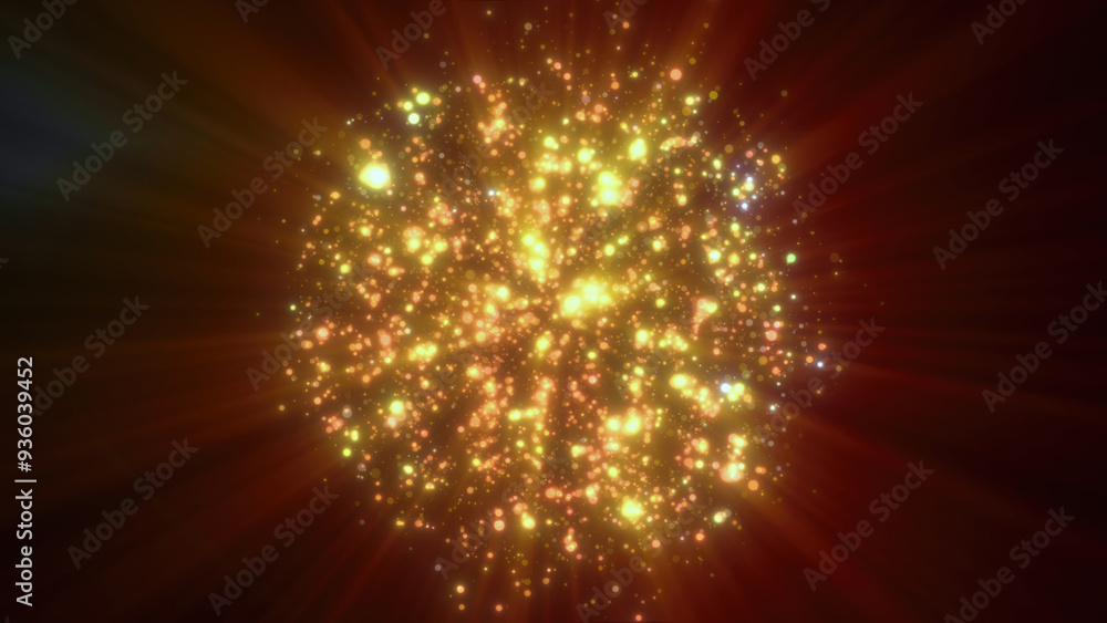 Poster abstract yellow glowing energy sphere molecule nucleus atom round background with flying blurred dot