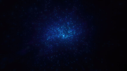 Abstract bright blue glowing background with flying dots circles bokeh energy particles and light rays