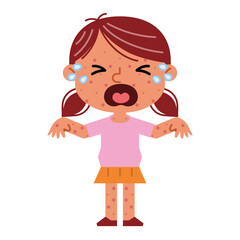 Sad kid girl having chicken pox. red spots appearing on the skin. Viral infections and skin diseases. health problems. Health care cartoon character vector illustration.