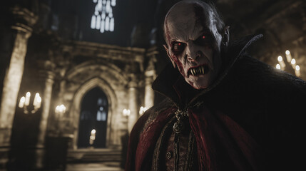 Naklejka premium Sinister Vampire in Dark Gothic Castle with Candlelit Background, Halloween Theme