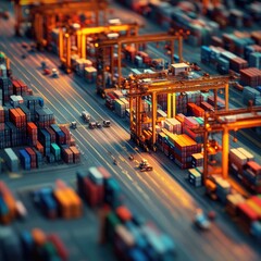 Obraz premium Aerial view of shipyard, rows of containers, global trade scene, 3D illustration 