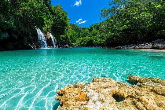 An exotic paradise island hidden away, featuring a pristine waterfall cascading into a clear pool surrounded by dense tropical forest