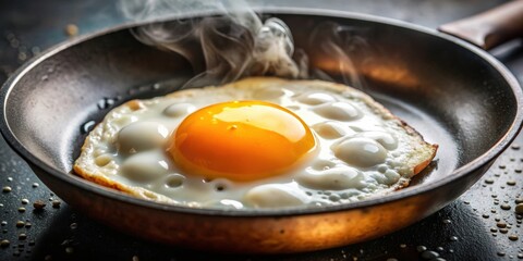 Closeup shot of a perfectly fried egg in a sizzling hot pan, breakfast, cooking, food, delicious, gourmet, sunny side up