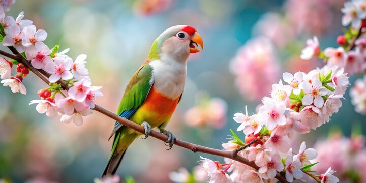 Beautiful parrot bird perching on cherry blossom branch with Spot-breasted Parrotbill singing Close up portrait, parrot
