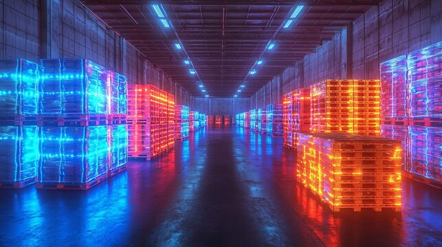 Interior of a spacious warehouse with stacked pallets and bright industrial lighting, efficient storage solution, inventory control