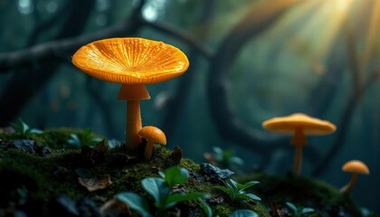 Fototapeta premium Mushroom Wallpaper ,Fantasy Wallpaper, 4K, Mushroom Light, Fantasy Mushroom, Jungle, Forest Mushroom, Jungle Background, fantasy, ai