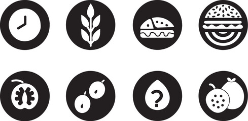 A minimalist vector icon set with a dietary fiber, whole grains, meal timing, and energy balance